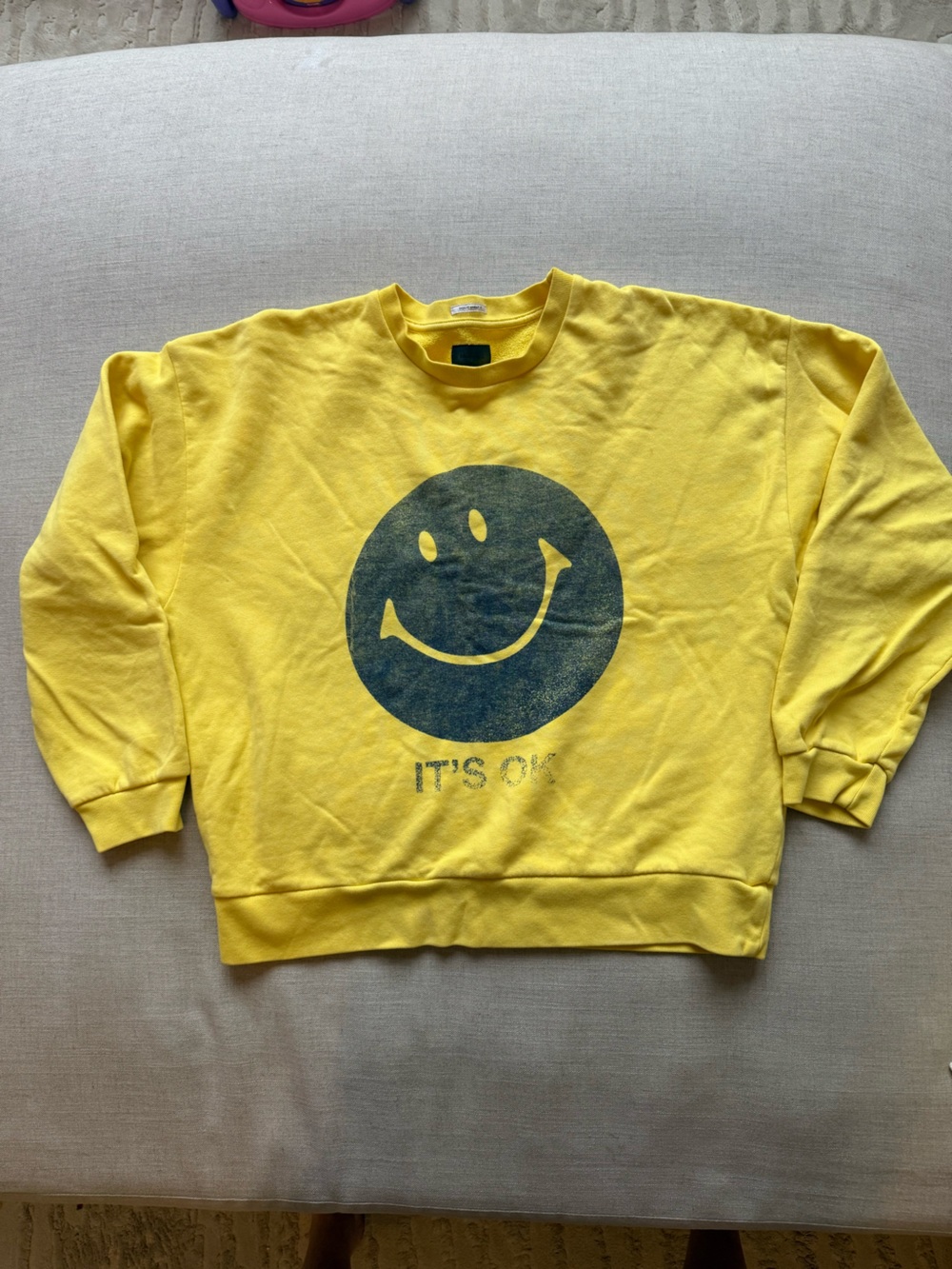 MOTHER Yellow Crewneck Sweatshirt with Navy Smile Graphic